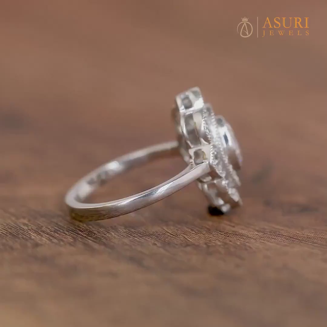 1930s Inspired Edwardian Style Moissanite Ring, Antique Statement Ring, Double Halo Oval Engagement Ring, Small Milgrain Rings For Women