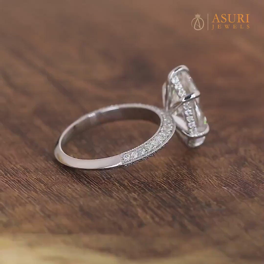 Dutch Marquise Cut Moissanite Solitaire Engagement Ring, Knife Edge Solitaire Ring With Hidden Halo, Art Deco Milgrain Ring For Women