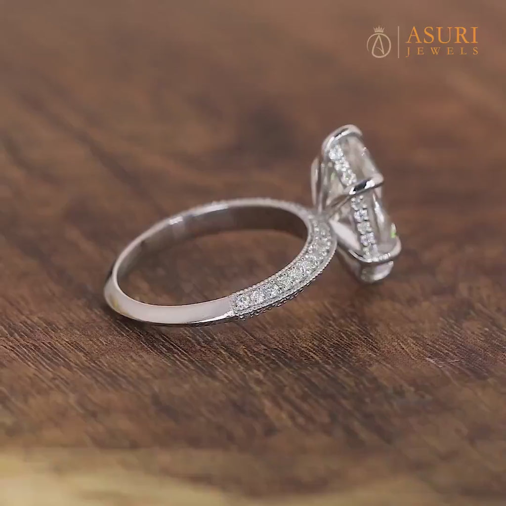 Dutch Marquise Cut Moissanite Solitaire Engagement Ring, Knife Edge Solitaire Ring With Hidden Halo, Art Deco Milgrain Ring For Women