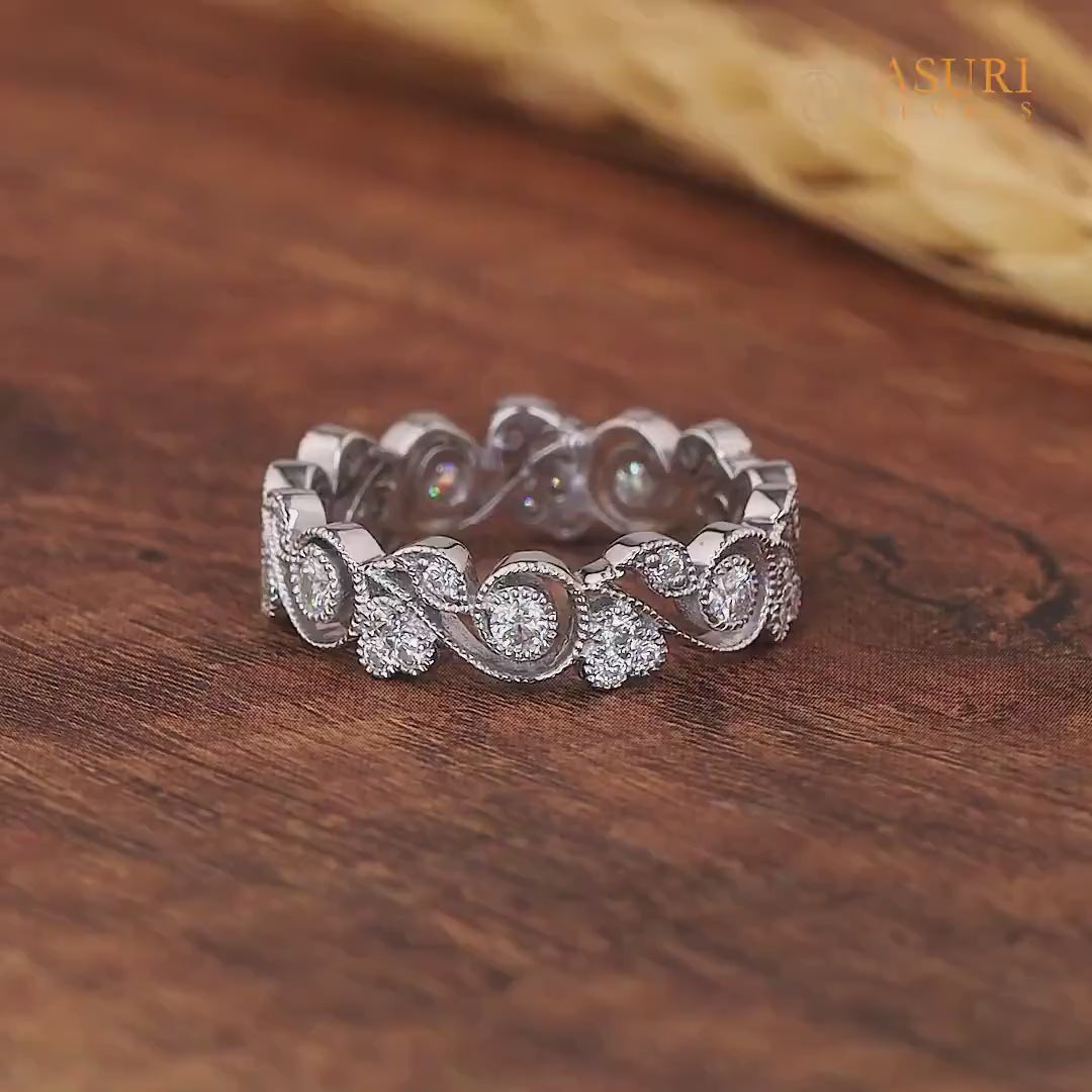 Vintage Filigree Wedding Bands Women Unique Milgrain Full Eternity Band Art Deco Anniversary Band White Gold Moissanite Band Ring