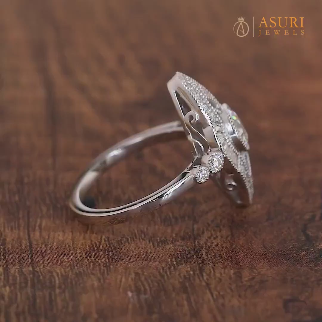 Vertical Evil Eye Inspired Edwardian Engagement Ring, Vintage Filigree Ring For Women, Round Moissanite Art Deco Ring, Milgrain Ring