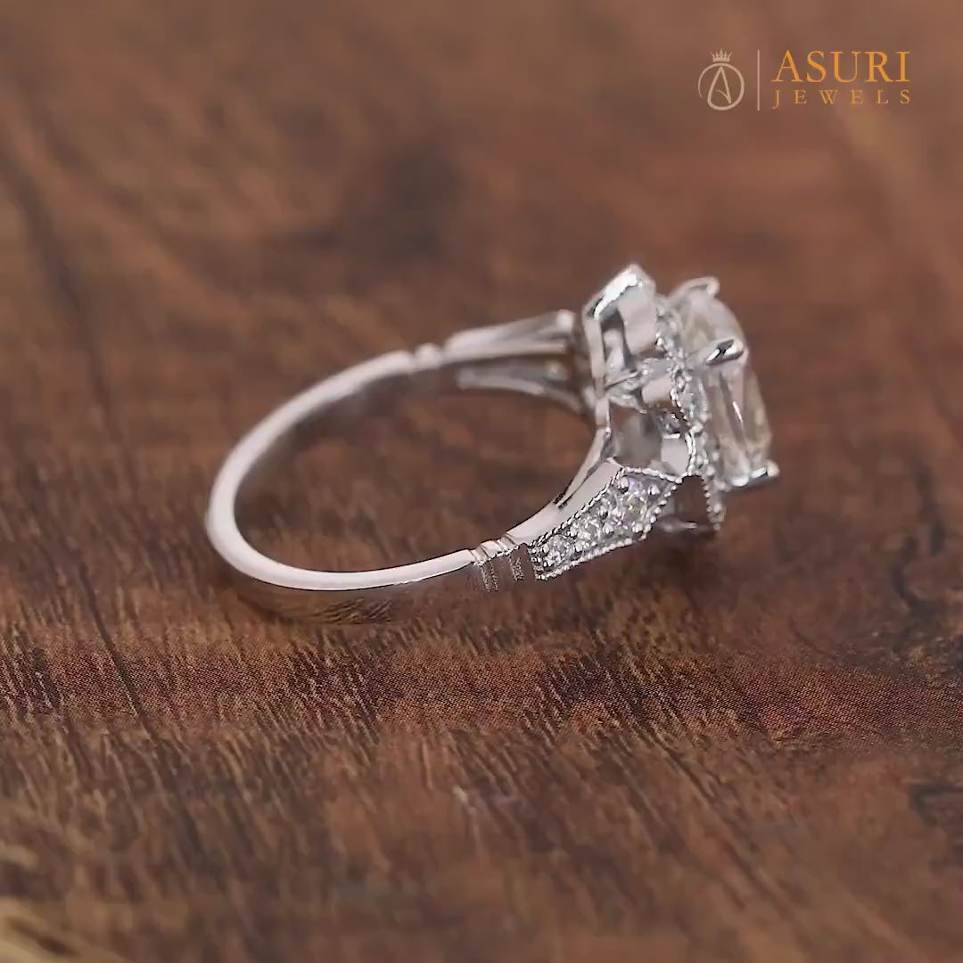Antique Old European Cut Cushion Cut Engagement Ring, Vintage OEC Moissanite Flower Ring, Old Mine Cut Art Deco Milgrain Rings For Women, Nature Inspired Floral Ring, Elongated Cushion Cut Ring, Vintage Filigree Ring