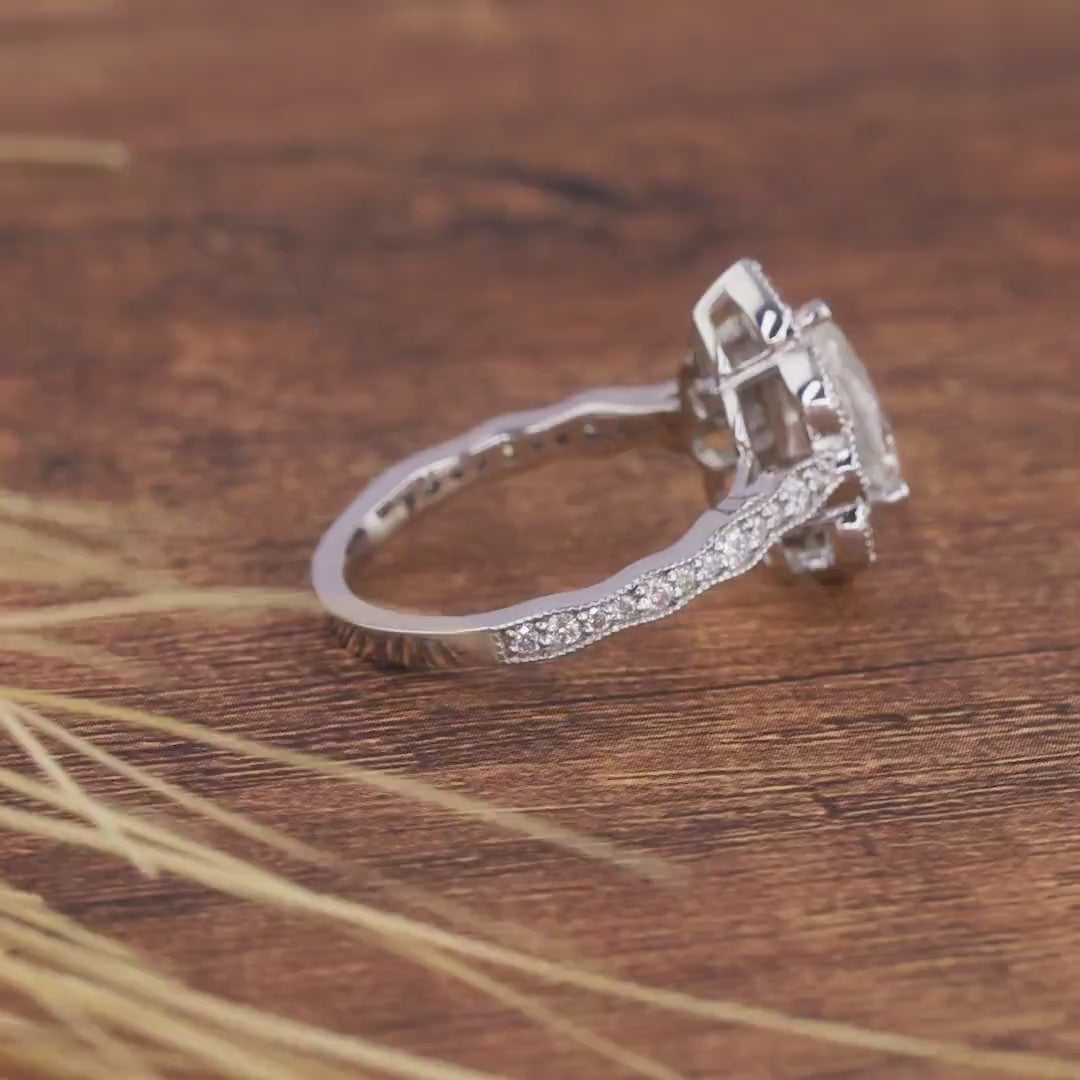 Art Deco Vintage Style Engagement Ring Unique Milgrain Vintage Rings For Women Pear Shaped Moissanite Halo Ring