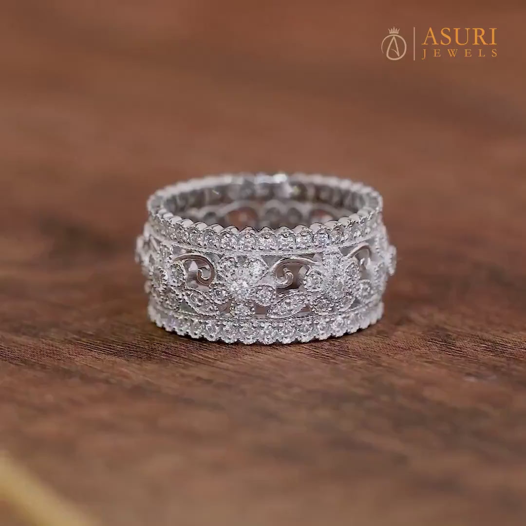 Flower Nature Inspired Wedding Bands For Women, Moissanite Full Eternity Anniversary Band, Art Deco Leaf And Vine Milgrain Wide Band Ring