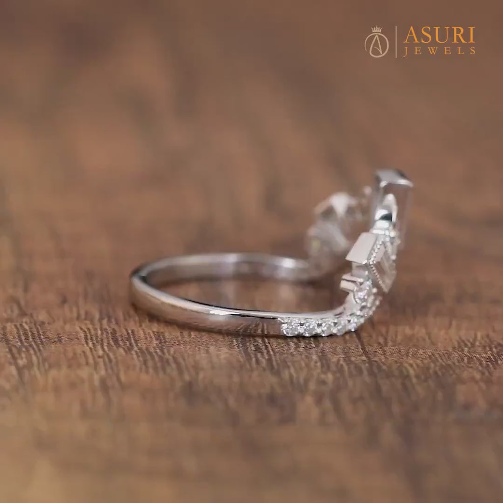 Curved Stackable Ring, Moissanite Filigree Wedding Band, Tiara Crown Style U Shaped Contour Band, Art Deco Matching Band, Womens Unique Ring, Nesting Band Ring, White Gold Stacking Ring, Bridal Band For Wedding