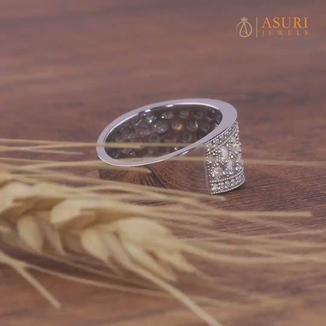 Designer Wide Right Hand Band Rings For Women Art Deco Milgrain Vintage Anniversary Band Thick Moissanite Band