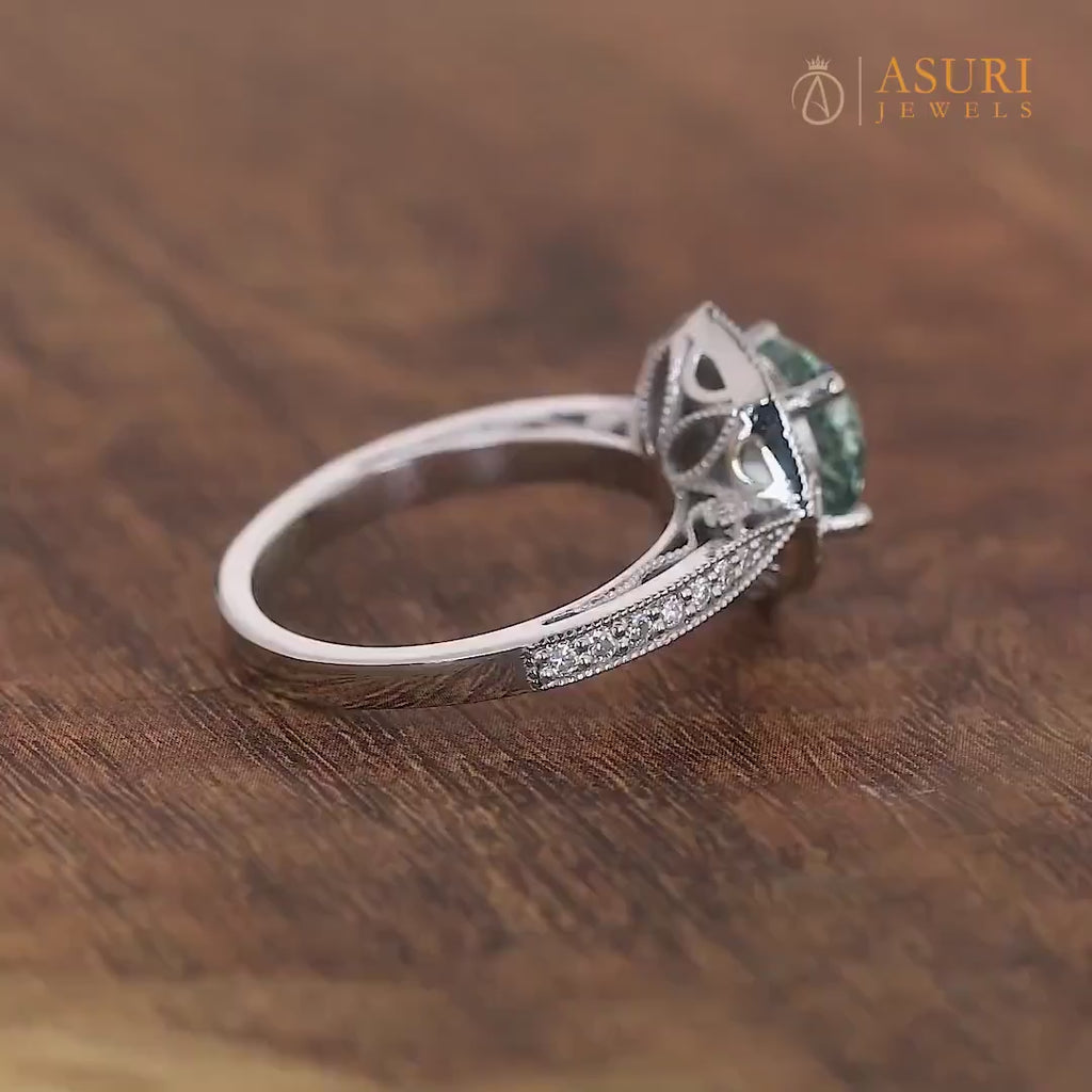 Portuguese Cut Moissanite Halo Engagement Ring, Art Deco Cyan Blue Moissanite Ring, Nature Inspired Floral Ring, Antique Filigree Ring Women