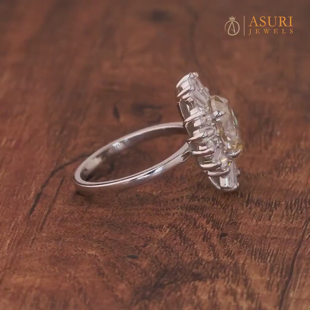 Unique Starburst Engagement Ring, Canary Yellow Oval Halo Moissanite Ring, Antique Vintage Rings For Women, Art Deco Gatsby Promise Ring