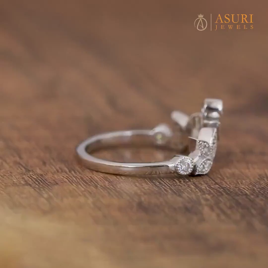 Floral Curved Wedding Band, Nature Inspired Moissanite Band For Women, Leaf Wishbone Ring, Flower Stackable Rings, Bridal Matching Band