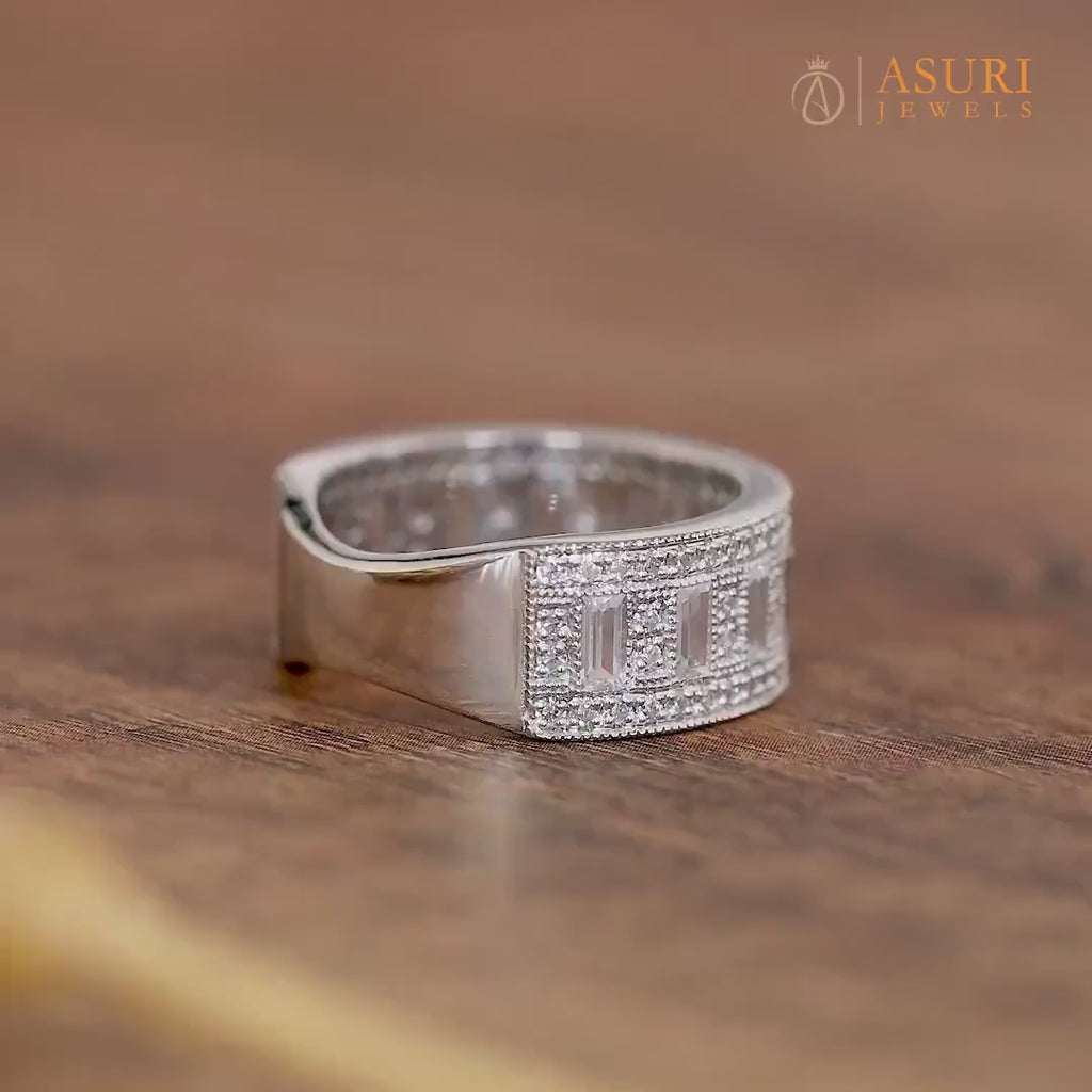 Vintage Milgrain Wedding Band, Wide Band Rings For Women, Baguette And Round Anniversary Band, Unique Engagement Band, Art Deco Promise Band