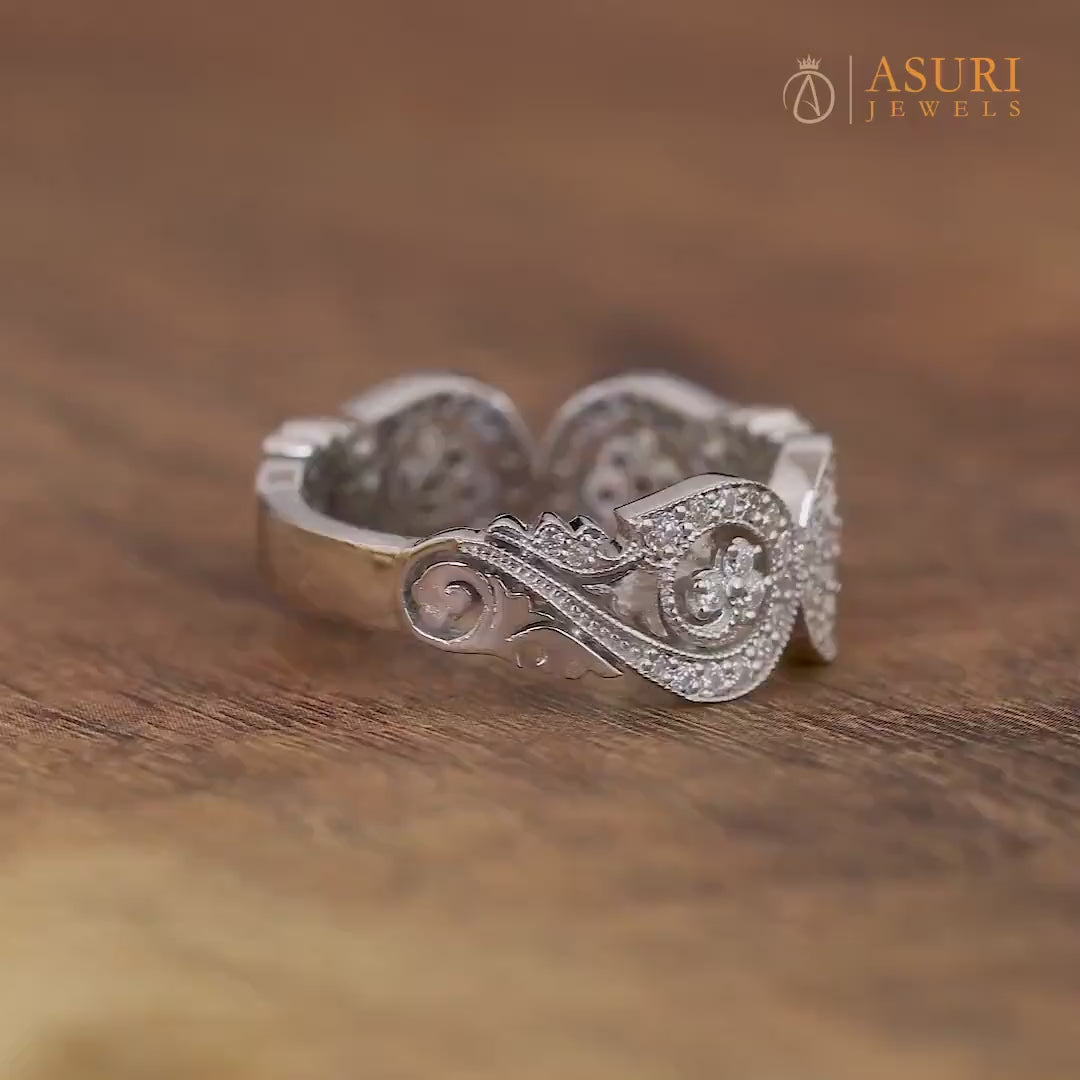 Infinity Style Art Deco Anniversary Rings, Unique Moissanite Wide Bands For Women, Vintage Milgrain Wedding Band, Statement Jewelry, Antique Inspired Ring, Unique Jewelry Ring