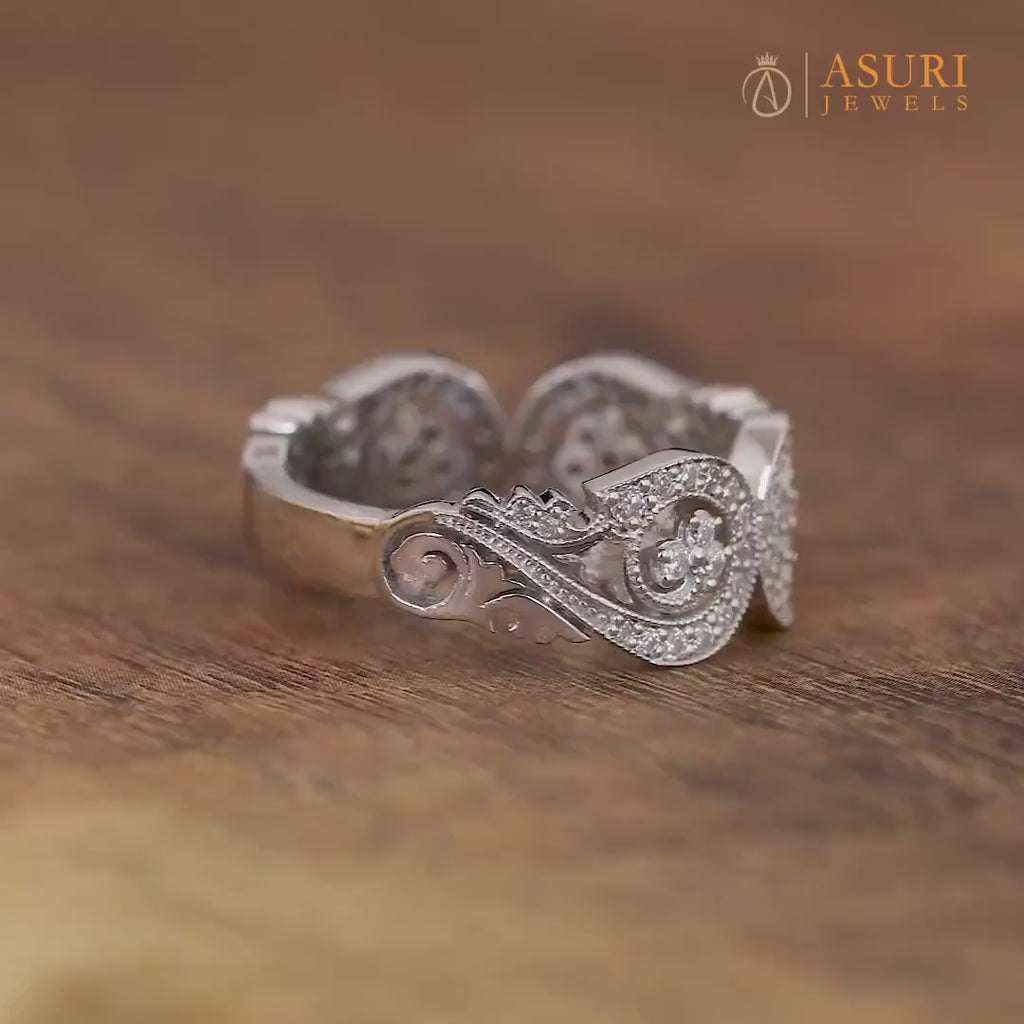 Infinity Style Art Deco Anniversary Rings, Unique Moissanite Wide Bands For Women, Vintage Milgrain Wedding Band, Statement Jewelry, Antique Inspired Ring, Unique Jewelry Ring