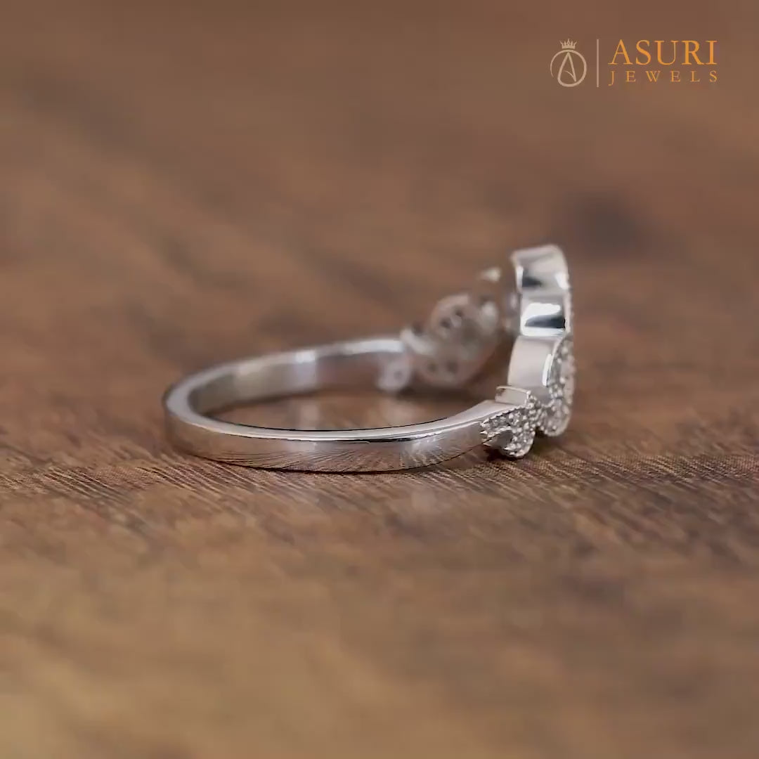 U Shaped Wedding Bands Women, Queen Crown Style Contour Band, Art Deco Vintage Moissanite Curved Band, Milgrain Anniversary Band, Matching Bridal Ring