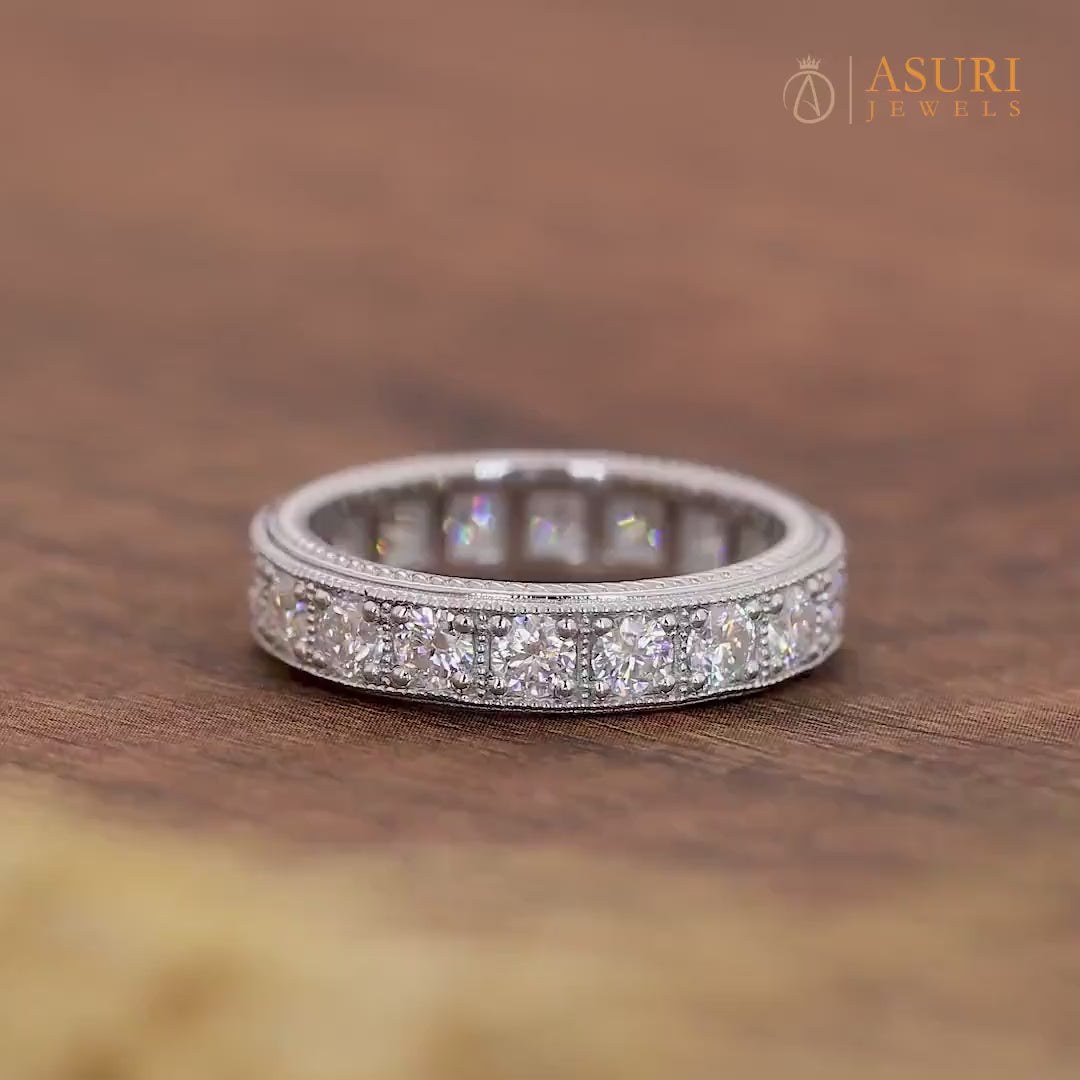 Round Cut Moissanite Wedding Bands Women, Full Eternity Stackable Rings, Craved Design Vintage Filigree Band, Unique Anniversary Band