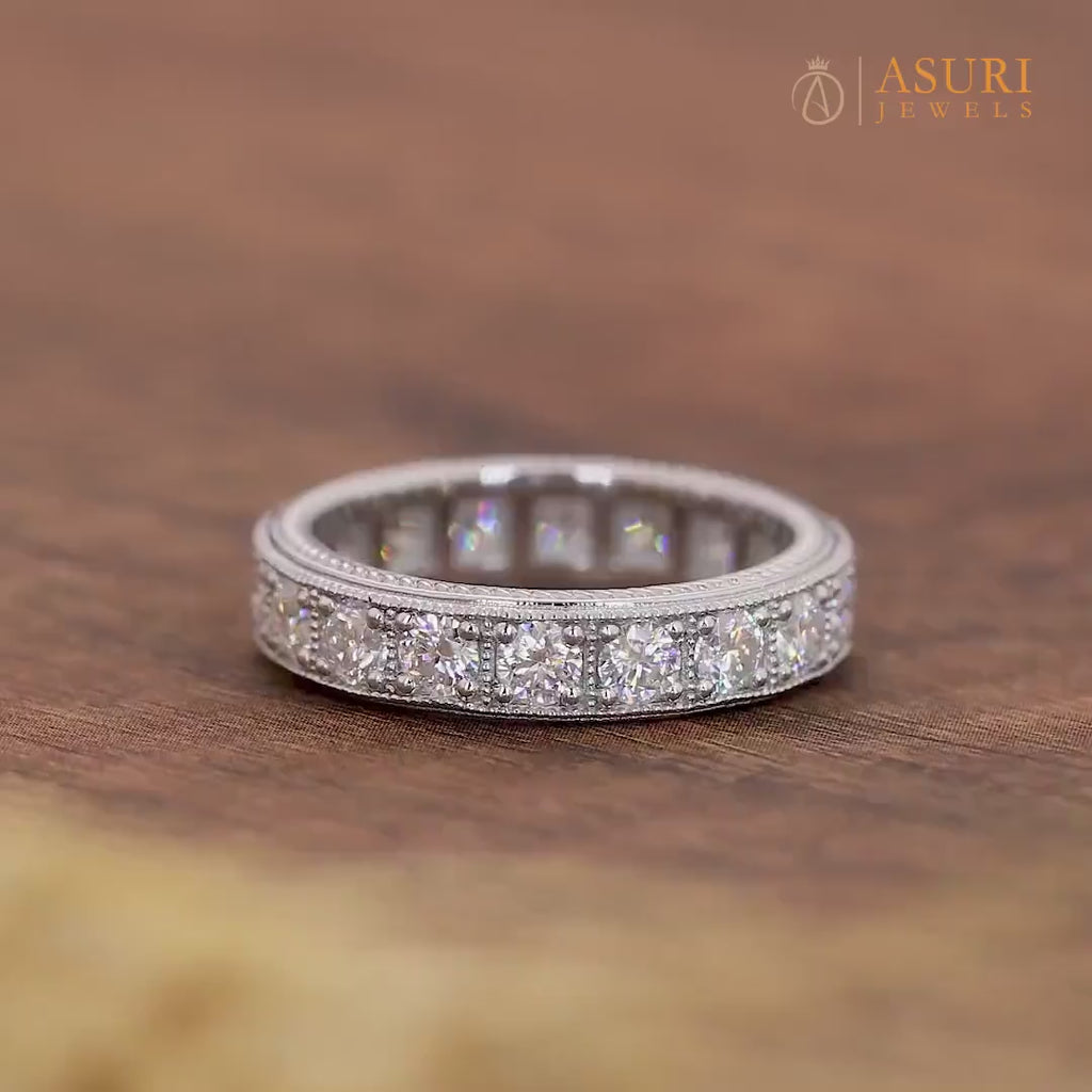 Round Cut Moissanite Wedding Bands Women, Full Eternity Stackable Rings, Craved Design Vintage Filigree Band, Unique Anniversary Band