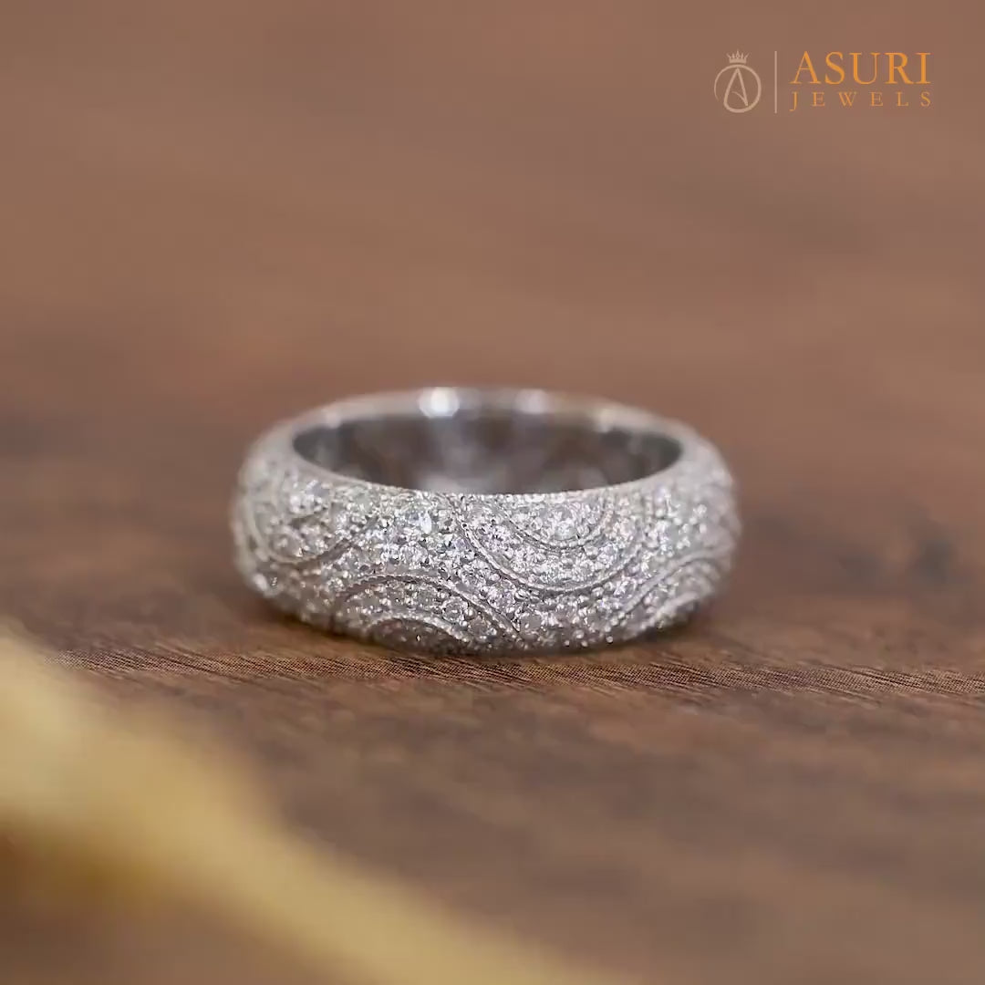 Estate Wedding Band, Vintage Milgrain Wedding Bands Women, Art Deco Moissanite Full Eternity Band, Wide Anniversary Bands, Antique Band Ring