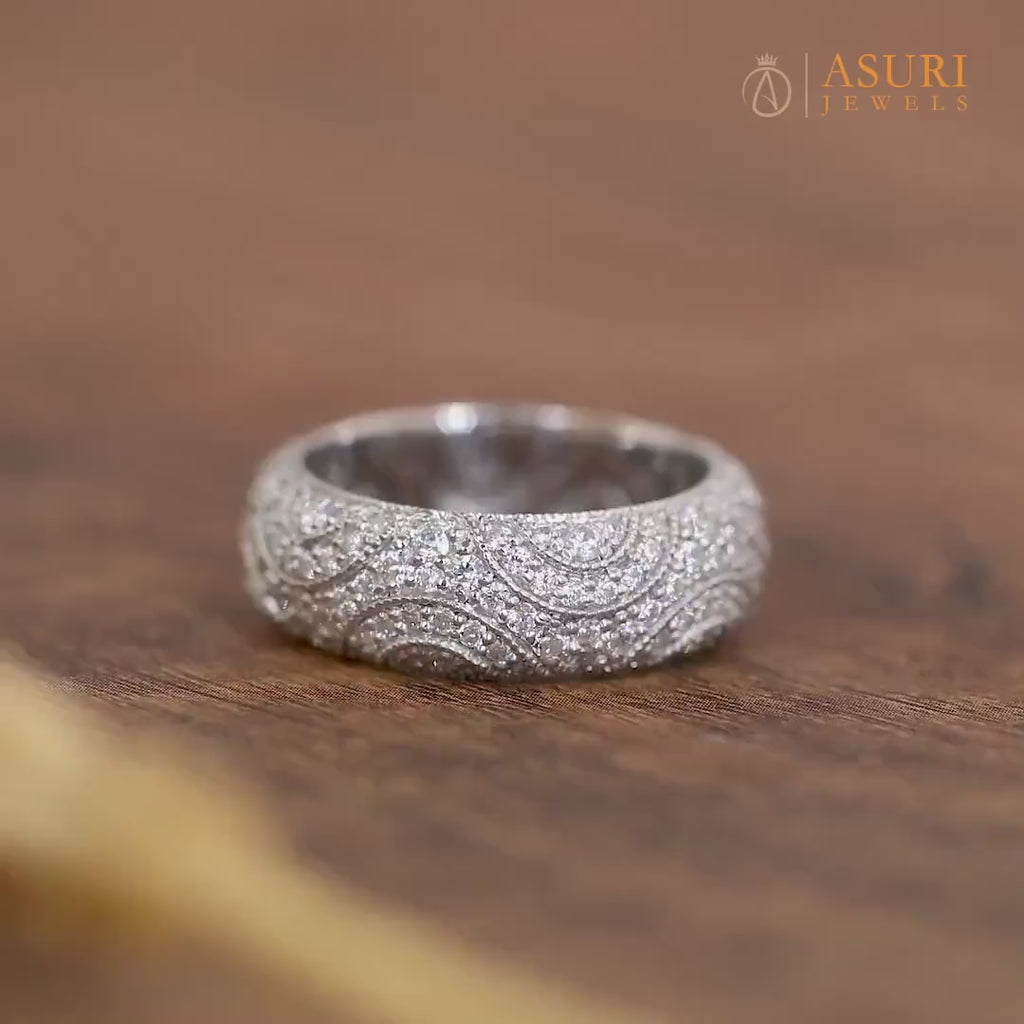 Estate Wedding Band, Vintage Milgrain Wedding Bands Women, Art Deco Moissanite Full Eternity Band, Wide Anniversary Bands, Antique Band Ring