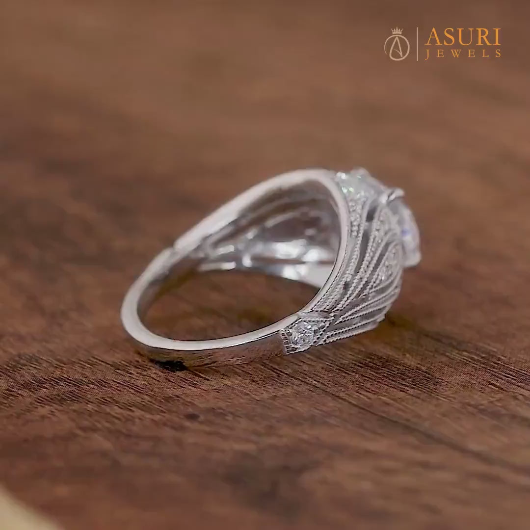 Edwardian Filigree Ring, Antique Art Deco Oval Engagement Ring For Women, Unique Moissanite Milgrain Ring, Solid Gold Horizontal Oval Ring, Vintage Style Ring, Victorian Retro Ring, Antique Oval Ring