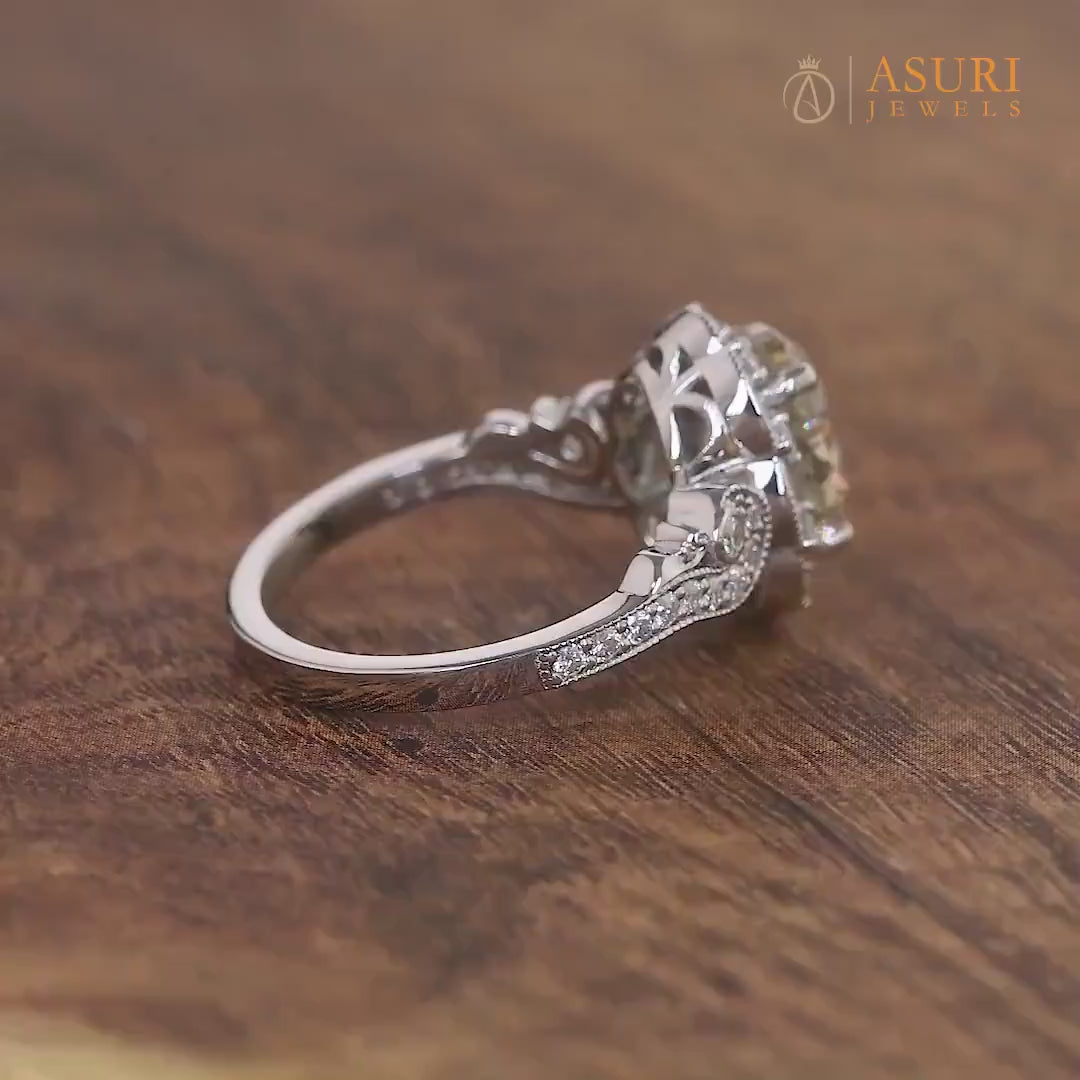 Canary Yellow Oval Moissanite Engagement Ring, Antique Filigree Vintage Ring, Yellow Elongated Oval Moissanite Halo Ring, Art Deco Ring, Milgrain Ring