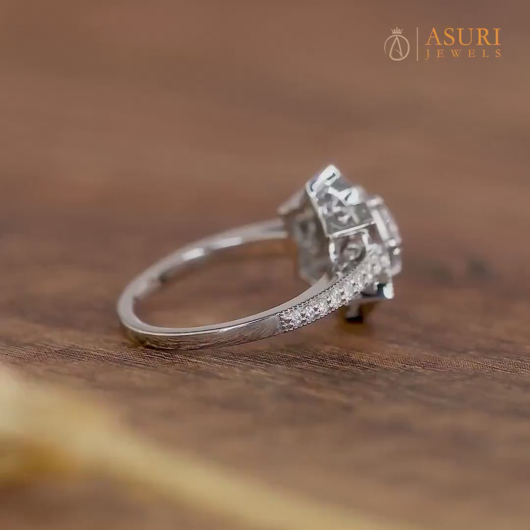 Nature Inspired Ring, Floral Style Engagement Ring, Moissanite Art Deco Ring, Milgrain Flower Ring, Unique Promise Rings For Women