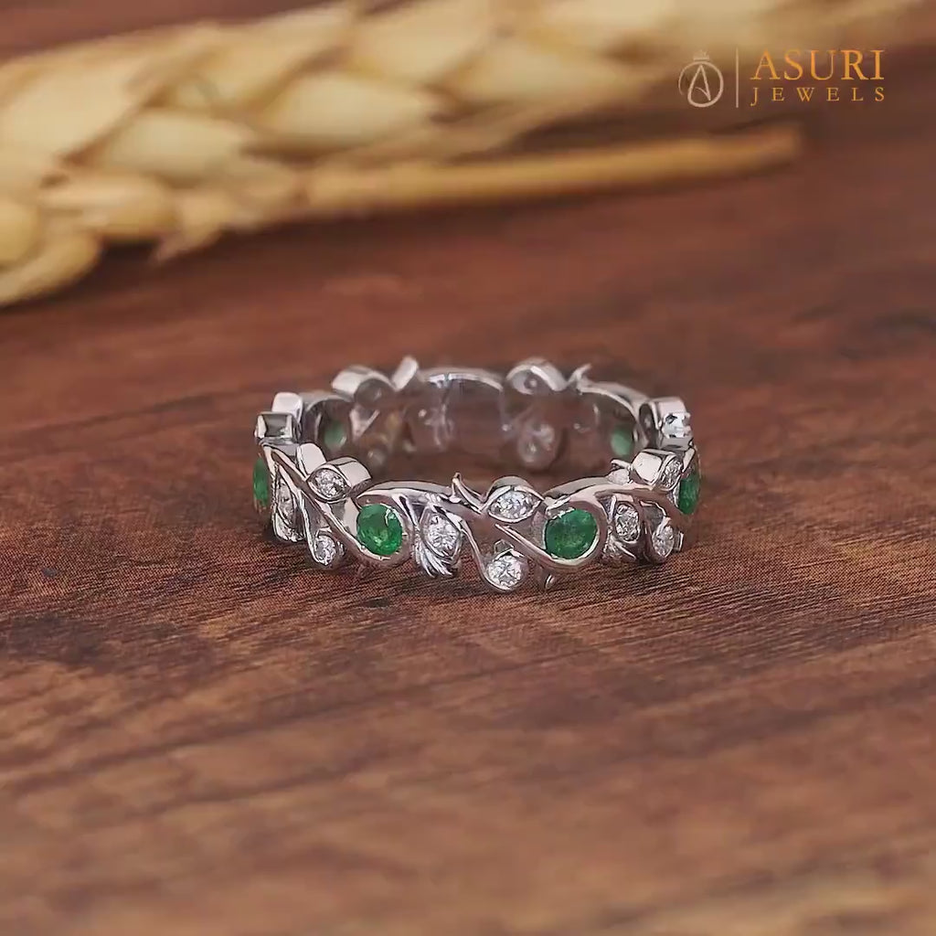 Nature Inspired Twig Branch Wedding Band Unique Leaf And Vine Emerald Band Ring Art Deco Twig Nature Anniversary Band For Women