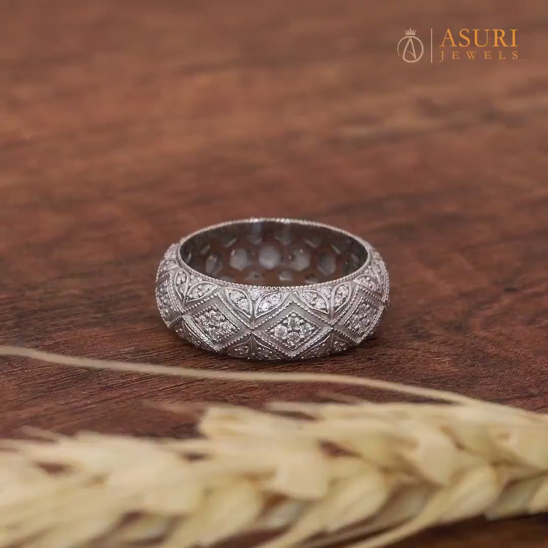 Antique Filigree Estate Wedding Bands For Women Moissanite Dome Statement Ring Art Deco Vintage Milgrain Anniversary Band Wide Eternity Band