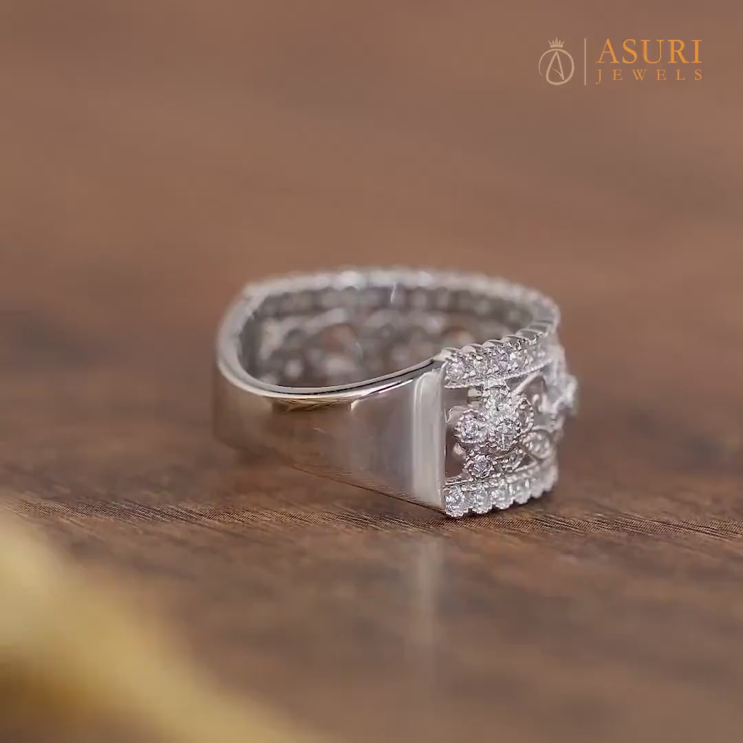 Floral Nature Inspired Rings For Women, Flower Milgrain Wedding Band, Leaf And Vine Wide Band, Unique Anniversary Band, Moissanite Band Ring