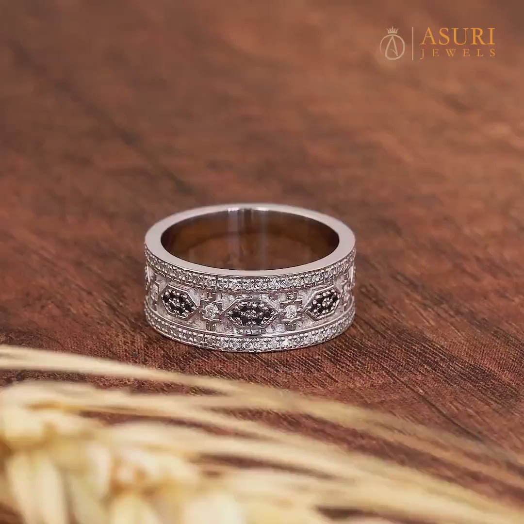 Moissanite Wide Cigar Band Rings, Full Eternity Wedding Anniversary Band, Designer Art Deco Thick Band, Unique Statement Ring