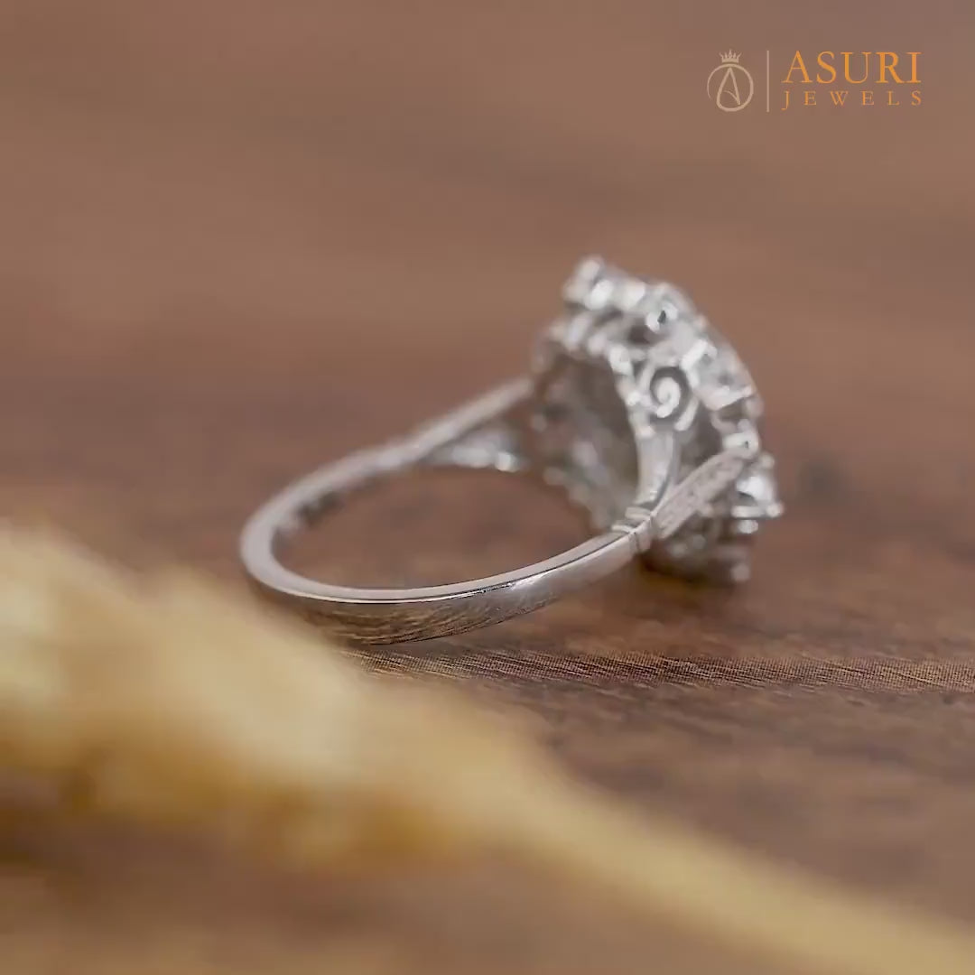 1940s Vintage Inspired Engagement Ring, Art Deco Moissanite Double Halo Ring, Milgrain Ring, Estate Jewelry Rings For Women, Unique Ring