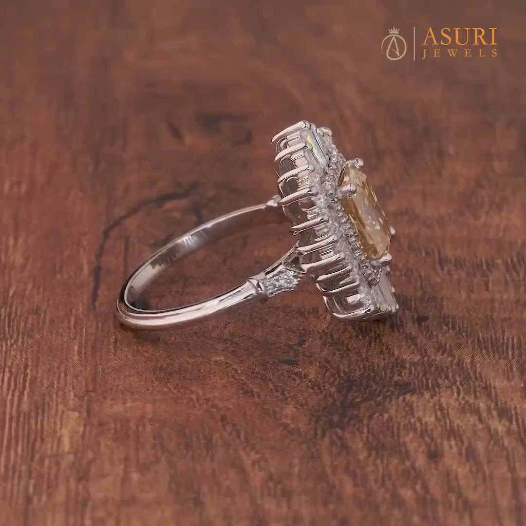 Vintage Inspired Art Deco Sunburst Engagement Ring, Gatsby Champagne Moissanite Ring, Unique Double Halo Statement Jewelry For Women