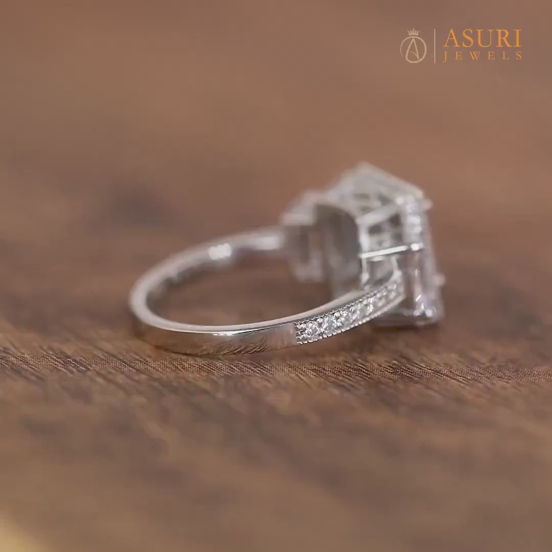 Three Stone Emerald Cut Moissanite Engagement Ring, Antique Art Deco Style Ring, 3 Rectangle Stone Vintage Ring, Milgrain Trilogy Ring Women