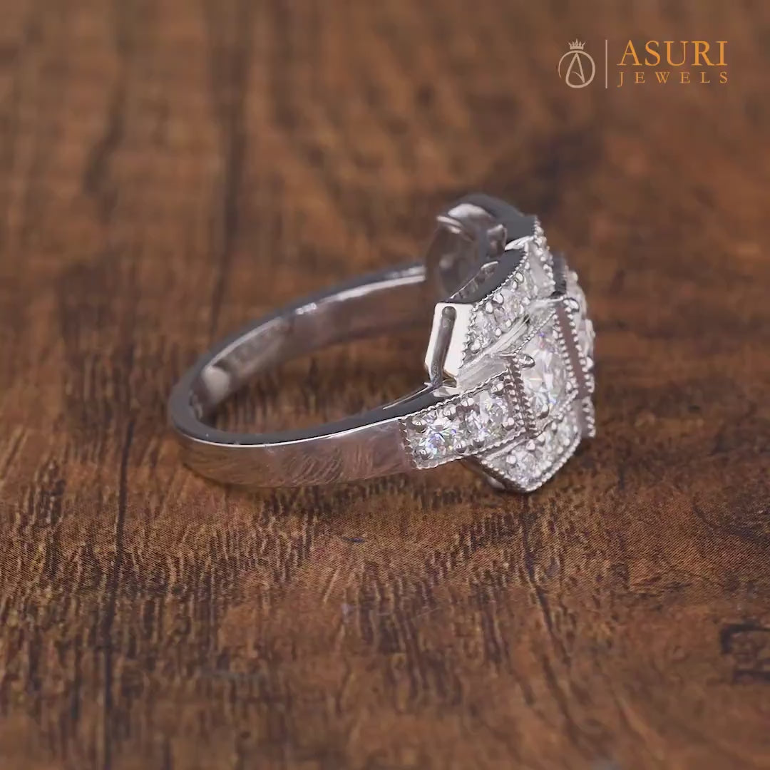 Edwardian Style Moissanite Engagement Ring, Antique Vintage Milgrain Ring For Women, 3 Stone Moissanite Art Deco Ring