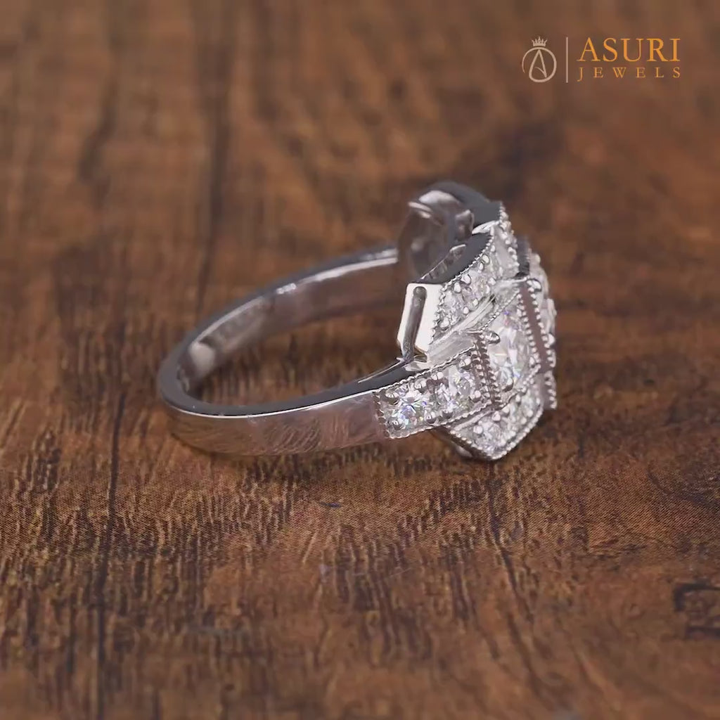 Edwardian Style Moissanite Engagement Ring, Antique Vintage Milgrain Ring For Women, 3 Stone Moissanite Art Deco Ring