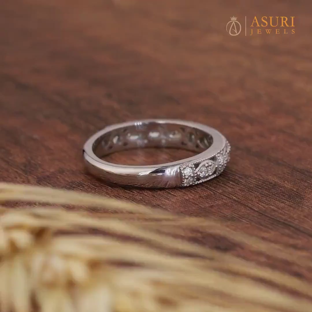 Art Deco Vintage Wedding Bands Women Milgrain Vintage Matching Band Unique White Gold Anniversary Band Moissanite Wide Band Promise Ring