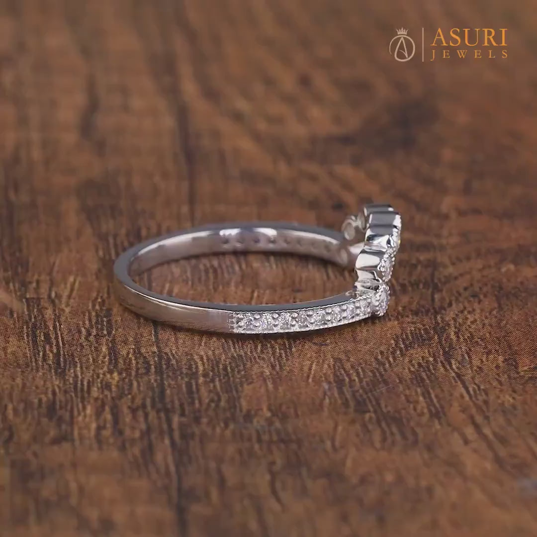 Curved Stacking Wedding Band For Women Ring, Milgrain Vintage Estate Band, Contoured Moissanite Art Deco Band, Bridal Matching Band