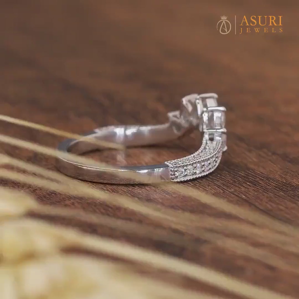 Contoured Wedding Bands Women, Milgrain Curved Stacking Ring, Pear Moissanite Matching Band, Nesting Anniversary Rings, Promise Ring For Her