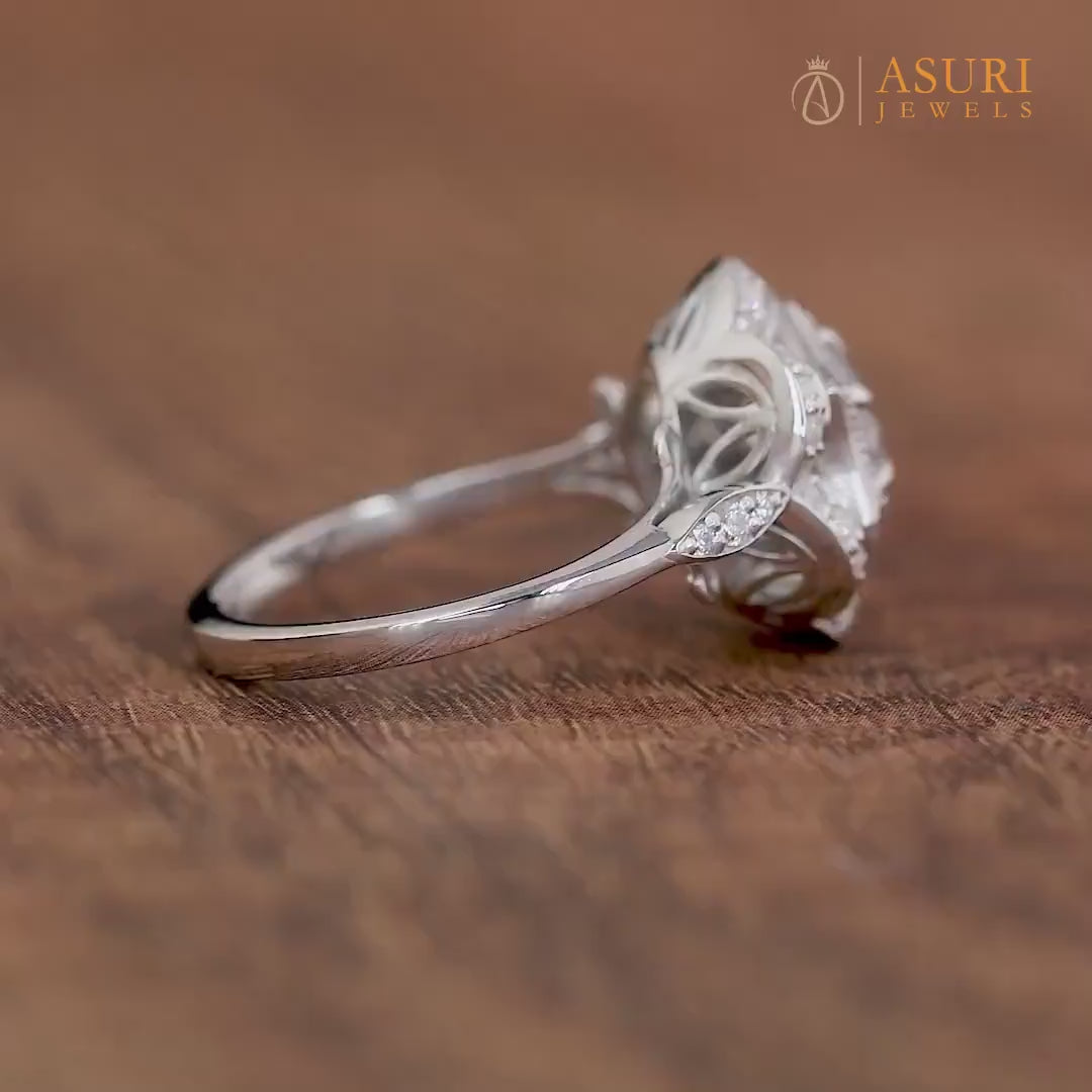 Nature Inspired Engagement Ring, Moissanite Flower Ring, Round Hexagon Shape Ring, Floral Nature Rings For Women, Art Deco Promise Ring