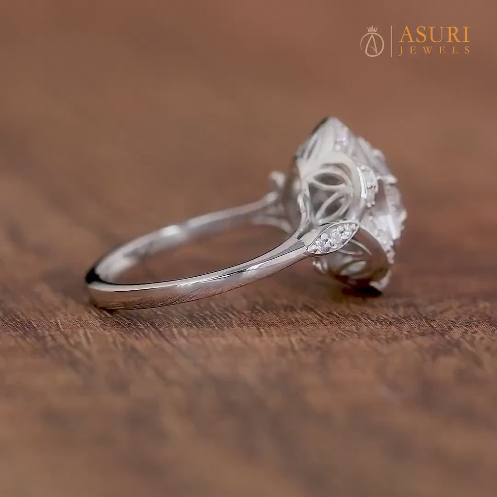 Nature Inspired Engagement Ring, Moissanite Flower Ring, Round Hexagon Shape Ring, Floral Nature Rings For Women, Art Deco Promise Ring