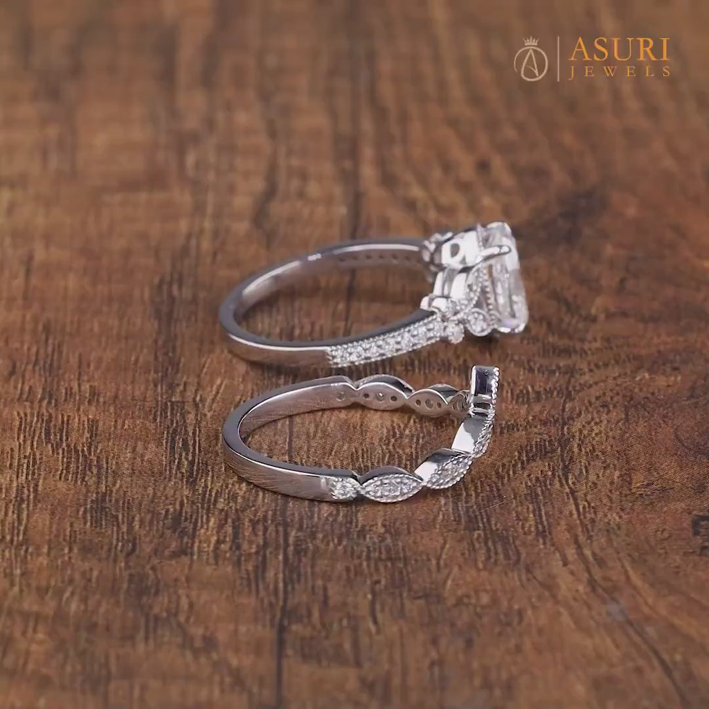 Art Deco Vintage Oval Wedding Bridal Ring Set, Oval Moissanite Vintage Engagement Ring, Vintage Milgrain Ring Sets, Matching Curved Band