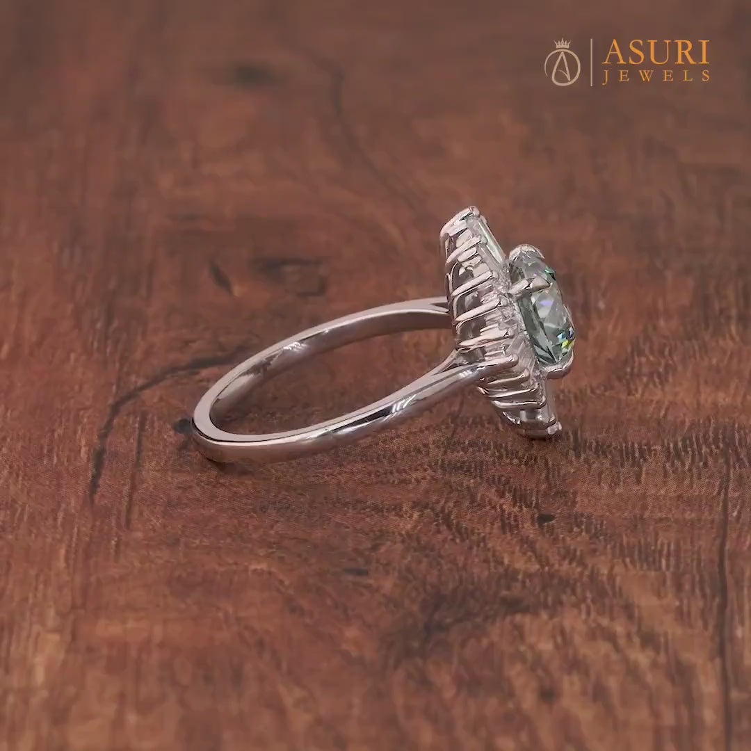 Art Deco Starburst Engagement Ring, Cyan Blue Portuguese Cut Moissanite Ring, Gatsby Inspired Vintage Ring, Unique Moissanite Halo Ring