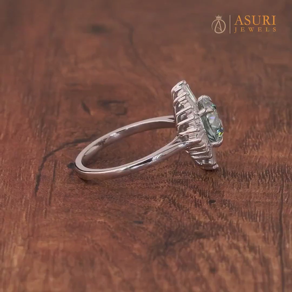 Art Deco Starburst Engagement Ring, Cyan Blue Portuguese Cut Moissanite Ring, Gatsby Inspired Vintage Ring, Unique Moissanite Halo Ring