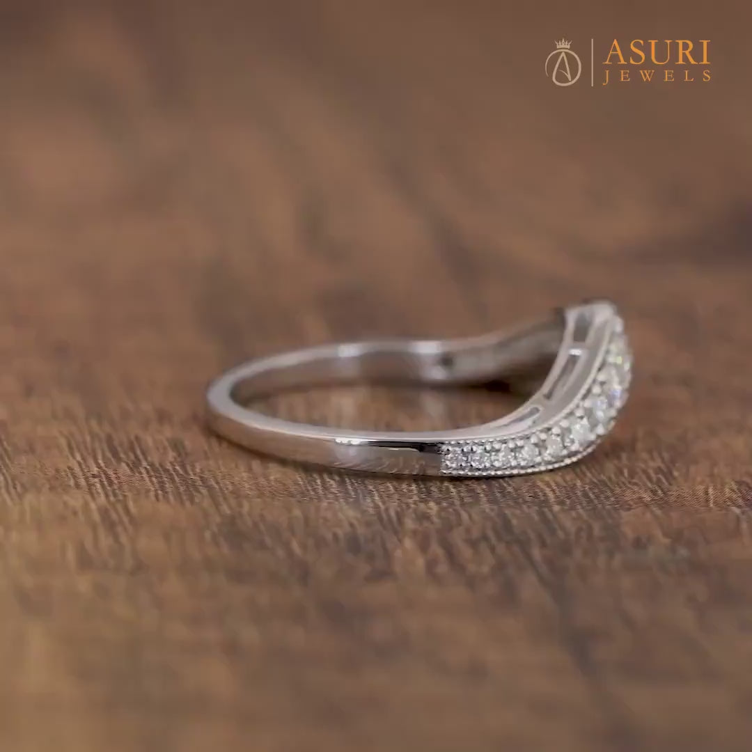 Art Deco Curved Wedding Band, U Shape Moissanite Band Women, Nesting Bridal Matching Band, Stackable Contour Ring Band, Anniversary Rings