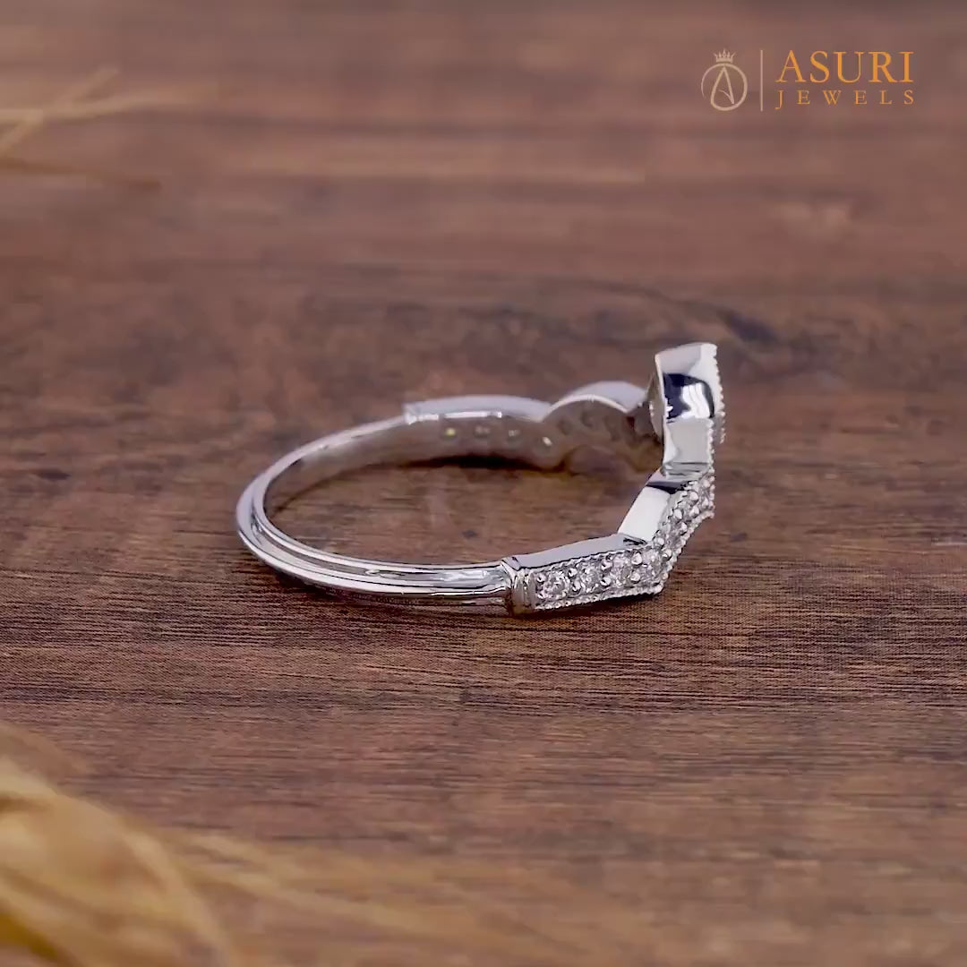 Art Deco Crown Style Curved Wedding Band, Vintage Milgrain Ring For Women, Matching Stackable Rings, Art Deco Estate Jewelry Ring