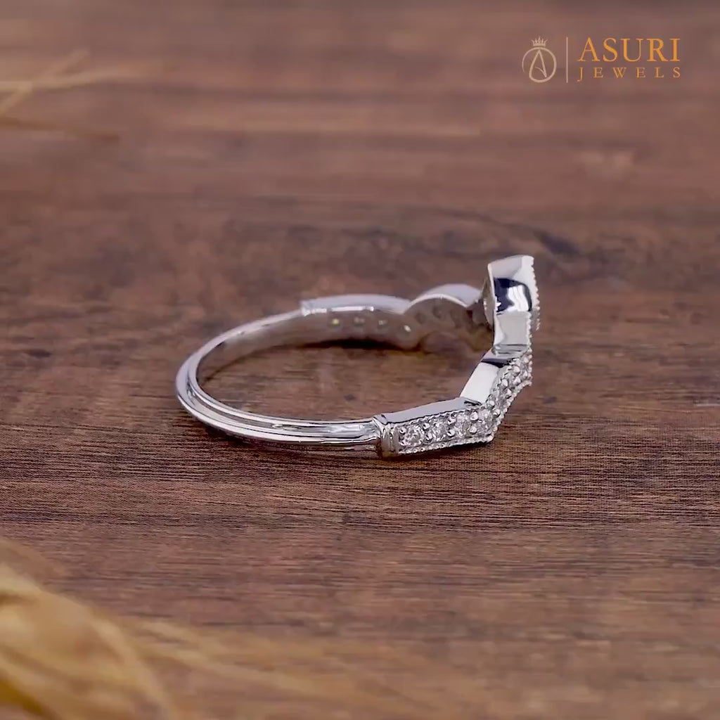 Art Deco Crown Style Curved Wedding Band, Vintage Milgrain Ring For Women, Matching Stackable Rings, Art Deco Estate Jewelry Ring