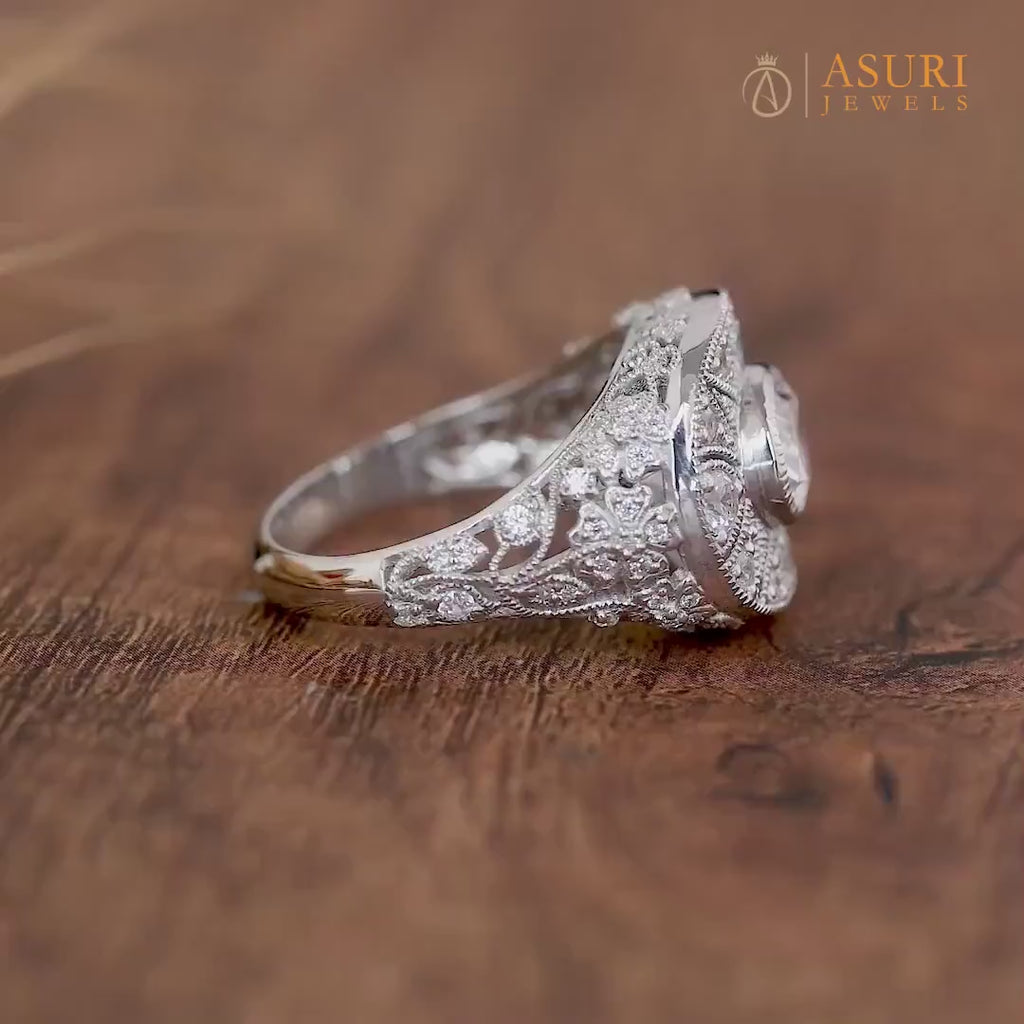 Antique Edwardian Filigree Ring, Moissanite Art Deco Oval Engagement Ring, Leaf Flower Milgrain Ring For Women, Unique Estate Jewelry