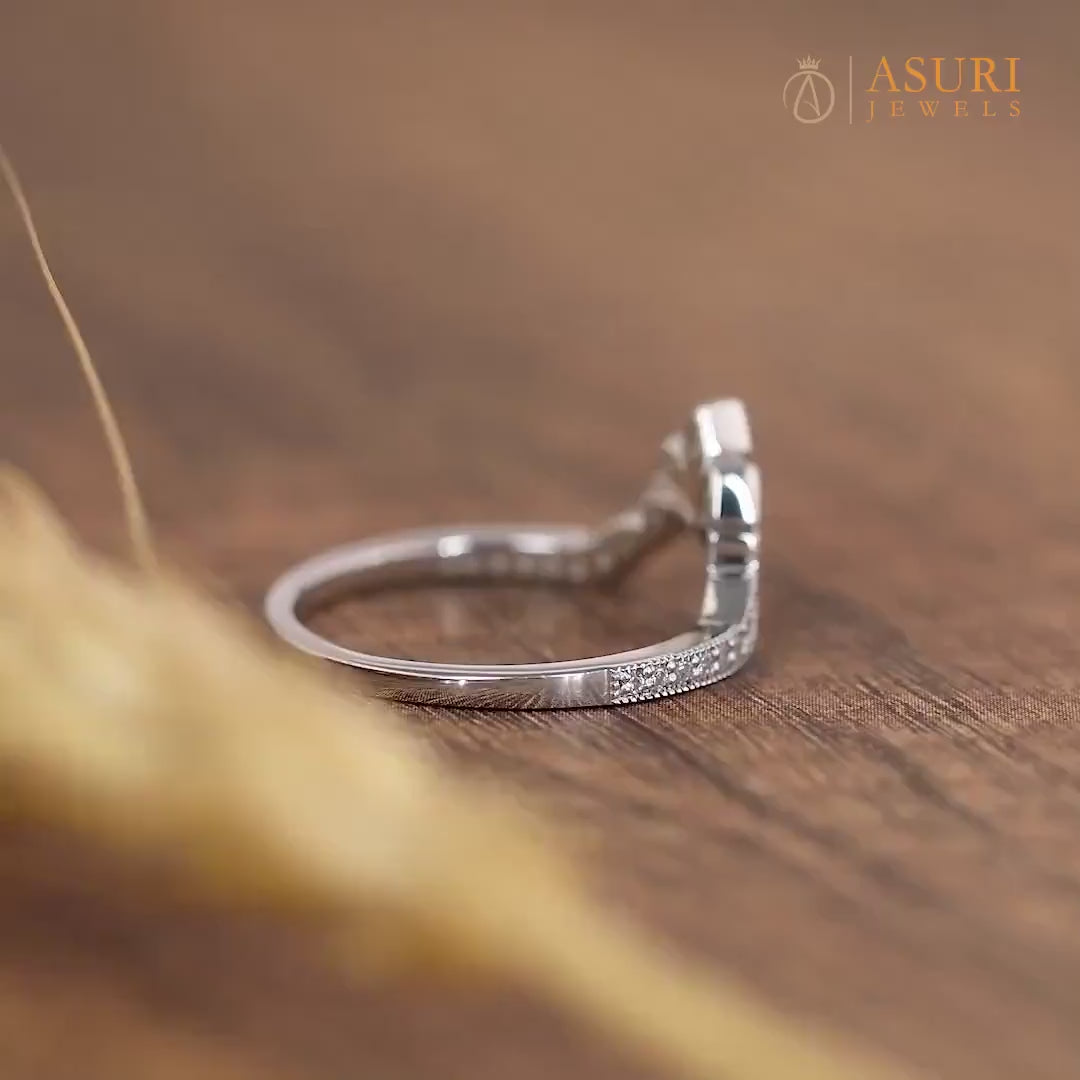 Crown Style Curved Wedding Band Women, Chevron Moissanite Ring, Art Deco Milgrain Band, Antique Vintage Nesting Band, Gold Matching Band