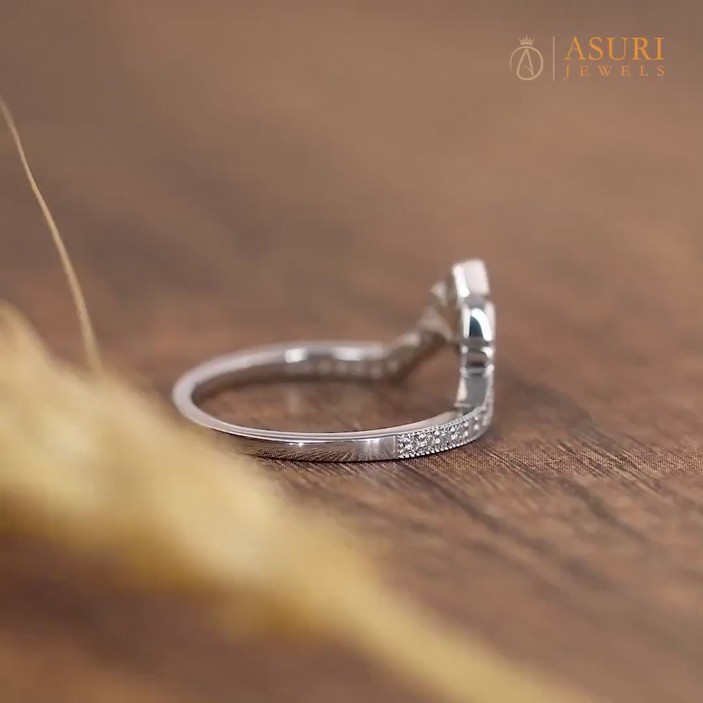 Crown Style Curved Wedding Band Women, Chevron Moissanite Ring, Art Deco Milgrain Band, Antique Vintage Nesting Band, Gold Matching Band